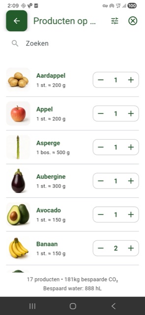 Foodclick screen for adding available products to the household inventory.
