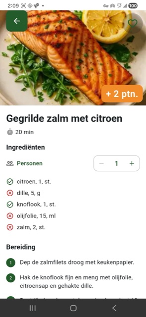 Foodclick recipe detail screen showing ingredients the user has and is missing.